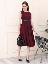 Exude Warmth Fit & Flare Dress with Belt (Wine)